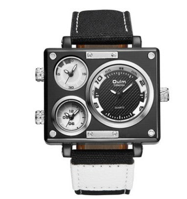 Men's Multi Time Zone Canvas Square Dial Plate Watch