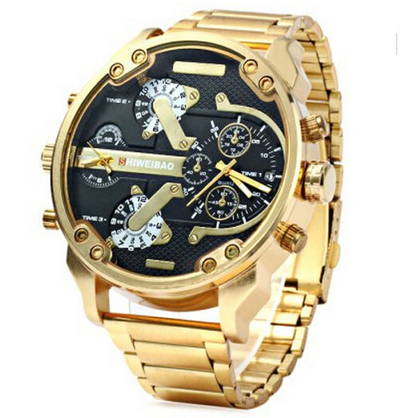 SHIWEIBAO steel belt watch, men's big size dial, two time zone steel belt sports waterproof quartz watch