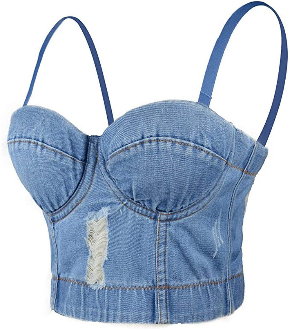 Summer Y Ripped Suspenders Fashion Blue Denim Top Women