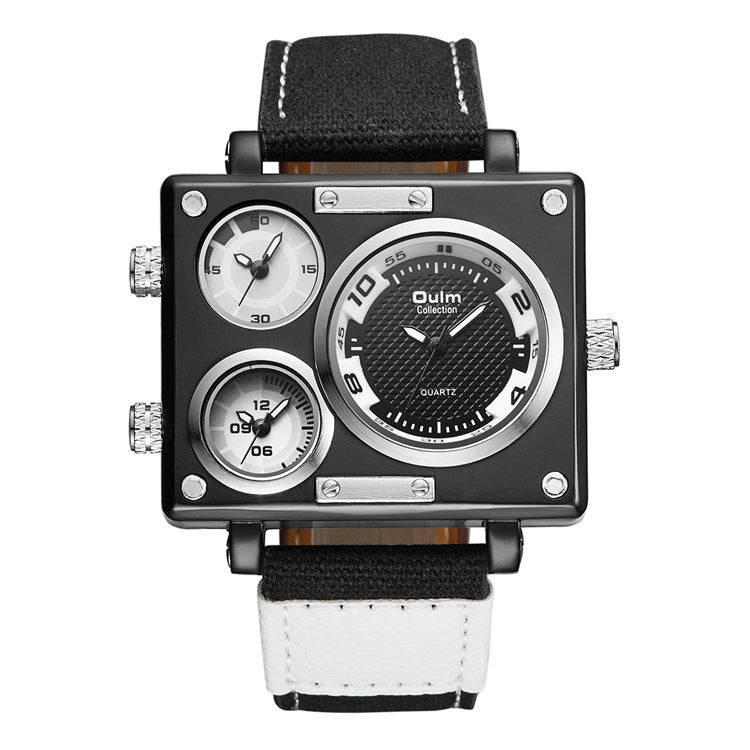Men's Multi Time Zone Canvas Square Dial Plate Watch