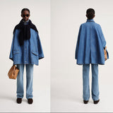 Cotton A- Line Style Drop-shoulder Mid-length Denim Coat