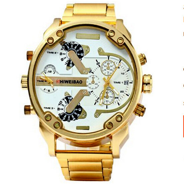 SHIWEIBAO steel belt watch, men's big size dial, two time zone steel belt sports waterproof quartz watch