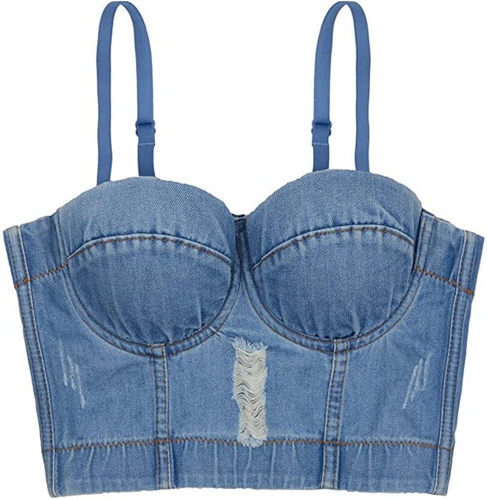 Summer Y Ripped Suspenders Fashion Blue Denim Top Women