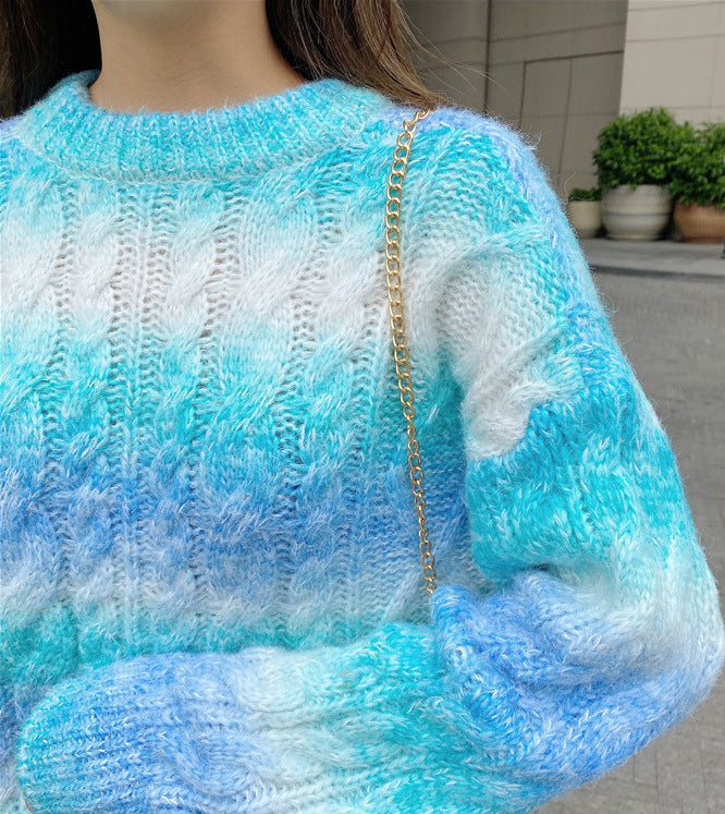 New Arrival Women's Pullover Long-sleeved Round Neck Gradient Rainbow Slim-fit Sweater