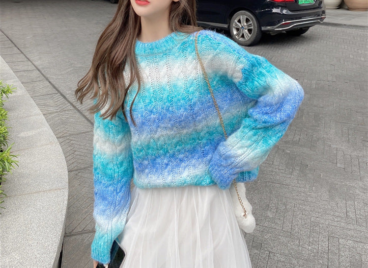 New Arrival Women's Pullover Long-sleeved Round Neck Gradient Rainbow Slim-fit Sweater